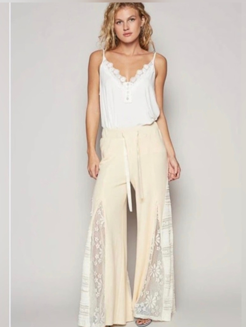 POL Cream Lace Panel Wide-Leg Boho Lounge Pants